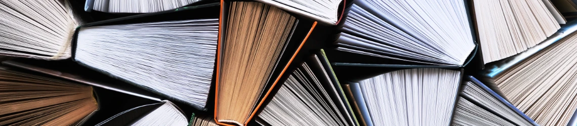 Halb offene Bücher stehen auf der Kante