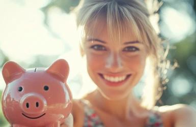 Eine Frau lacht in die Kamera und hält ein Sparschwein in die Kamera