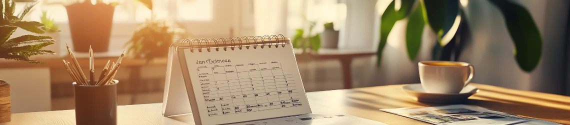 Schmuckgrafik Kalender auf Tisch mit Kaffeetasse