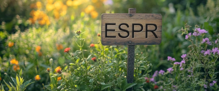 Schild mit Aufschrift "ESPR" inmitten von Pflanzen