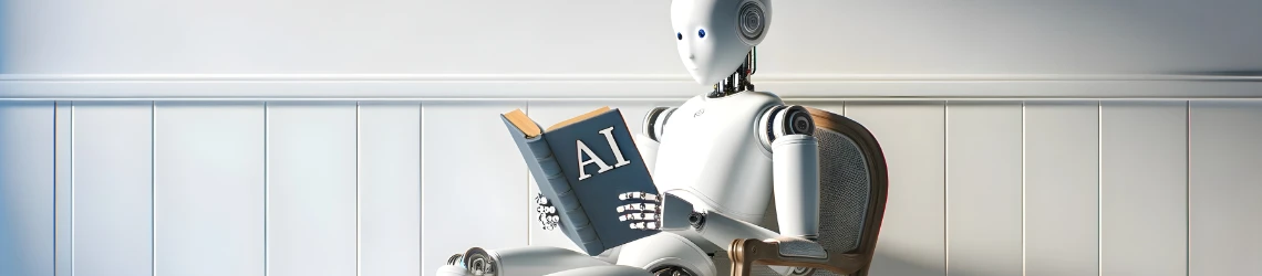 Menschlicher Roboter liest ein Buch über KI