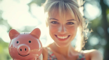 Eine Frau lacht in die Kamera und hält ein Sparschwein in die Kamera