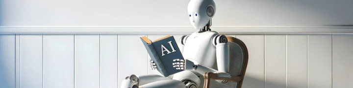 Menschlicher Roboter liest ein Buch über KI