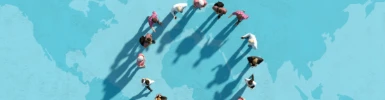 Schmuckgrafik Migration Menschen stehen auf einer Weltkarte im Kreis