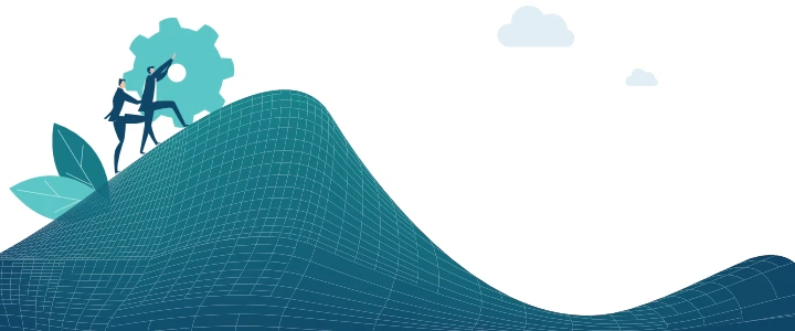Geschäftsleute rollen den Berg hoch als Symbol für die Suche nach einer Lösung