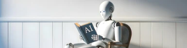 Menschlicher Roboter liest ein Buch über KI