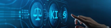 Hand zeigt auf scheinbar digitale Linien und das Wort "KI"