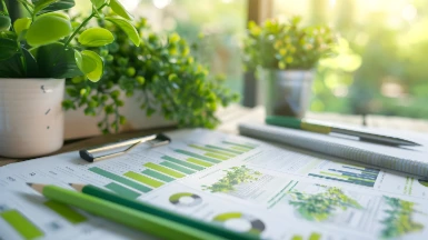 Nachhaltigkeitsbericht auf Konferenztisch mit umweltfreundlichem Zubehör