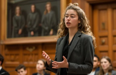 Moot Court Übung. Jurastudenten bei der Präsentation von Argumenten in einem Probeprozess