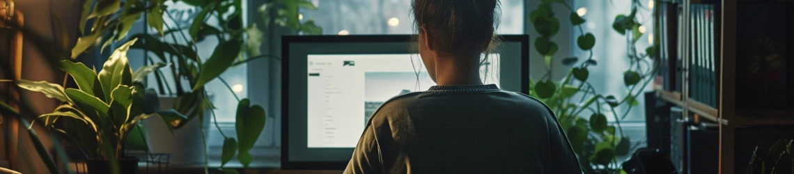 Eine blinde Frau sitzt vor dem Computer und navigiert sich per Tastatur durch die Website