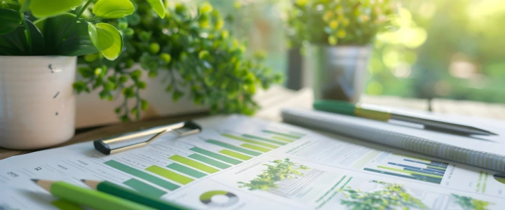 Nachhaltigkeitsbericht auf Konferenztisch mit umweltfreundlichem Zubehör