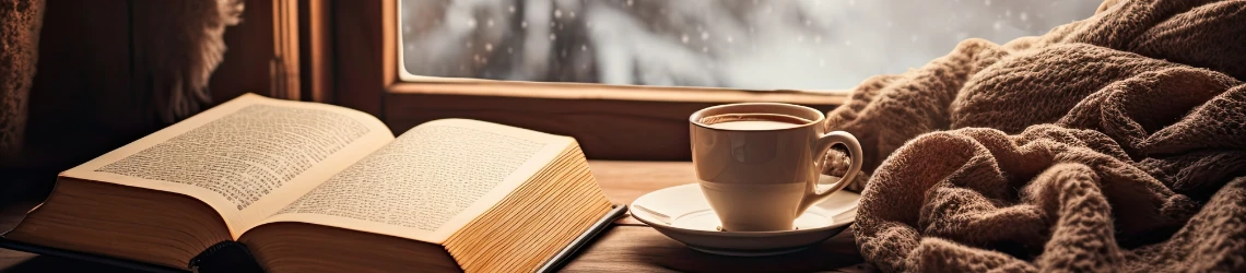 Buch, Tasse und Wolldecke am Fenster mit Blick auf winterliche Landschaft