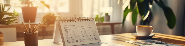Schmuckgrafik Kalender auf Tisch mit Kaffeetasse
