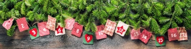 Schmuckgrafik Adventskalender vor Tannenzweigen und Holzwand