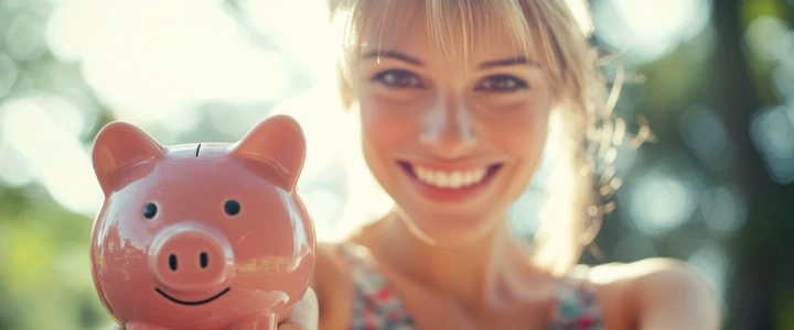 Eine Frau lacht in die Kamera und hält ein Sparschwein in die Kamera
