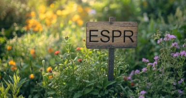 Schild mit Aufschrift "ESPR" inmitten von Pflanzen