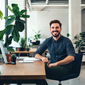 Ein Mann grinst fröhlich in die Kamera, während er am Schreibtisch sitzt. Im Hintergrund ist ein Büro zu sehen.