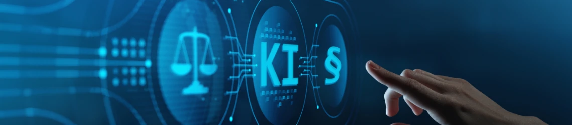 Hand zeigt auf scheinbar digitale Linien und das Wort "KI"