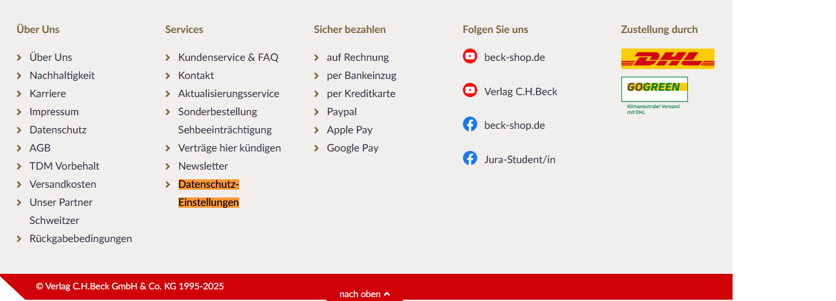 Screenshot vom Footer mit Verweis auf Datenschutzeinstellungen