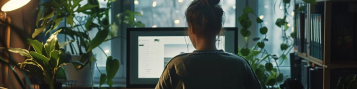 Eine blinde Frau sitzt vor dem Computer und navigiert sich per Tastatur durch die Website