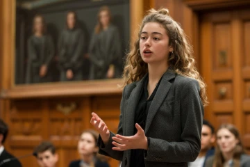 Moot Court Übung. Jurastudenten bei der Präsentation von Argumenten in einem Probeprozess
