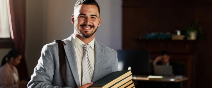 Junger Jurastudent mit Büchern in der Hand