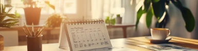 Schmuckgrafik Kalender auf Tisch mit Kaffeetasse
